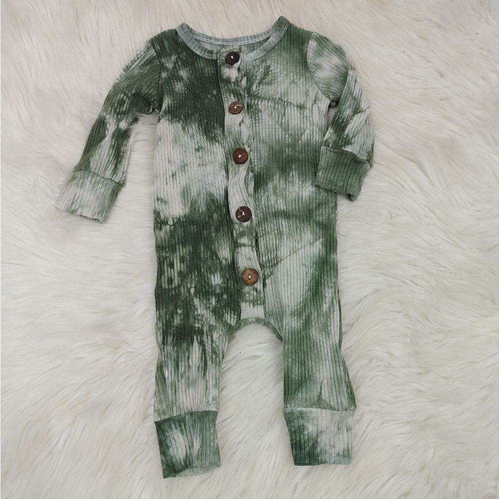 Unbranded Green White Tie Dye Ribbed One Piece Jumper Romper Button Up Adorable.